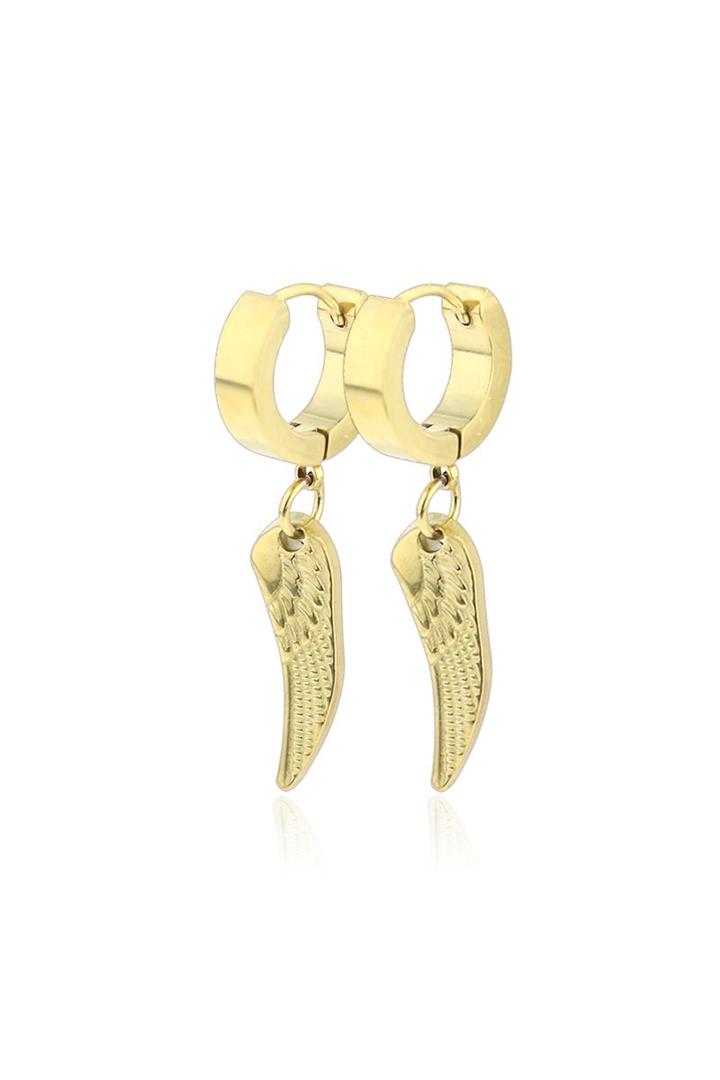 PAIR OF STAINLESS STEEL HUGGIE/HOOP EARRINGS W/ ANGEL WING DANGLE
